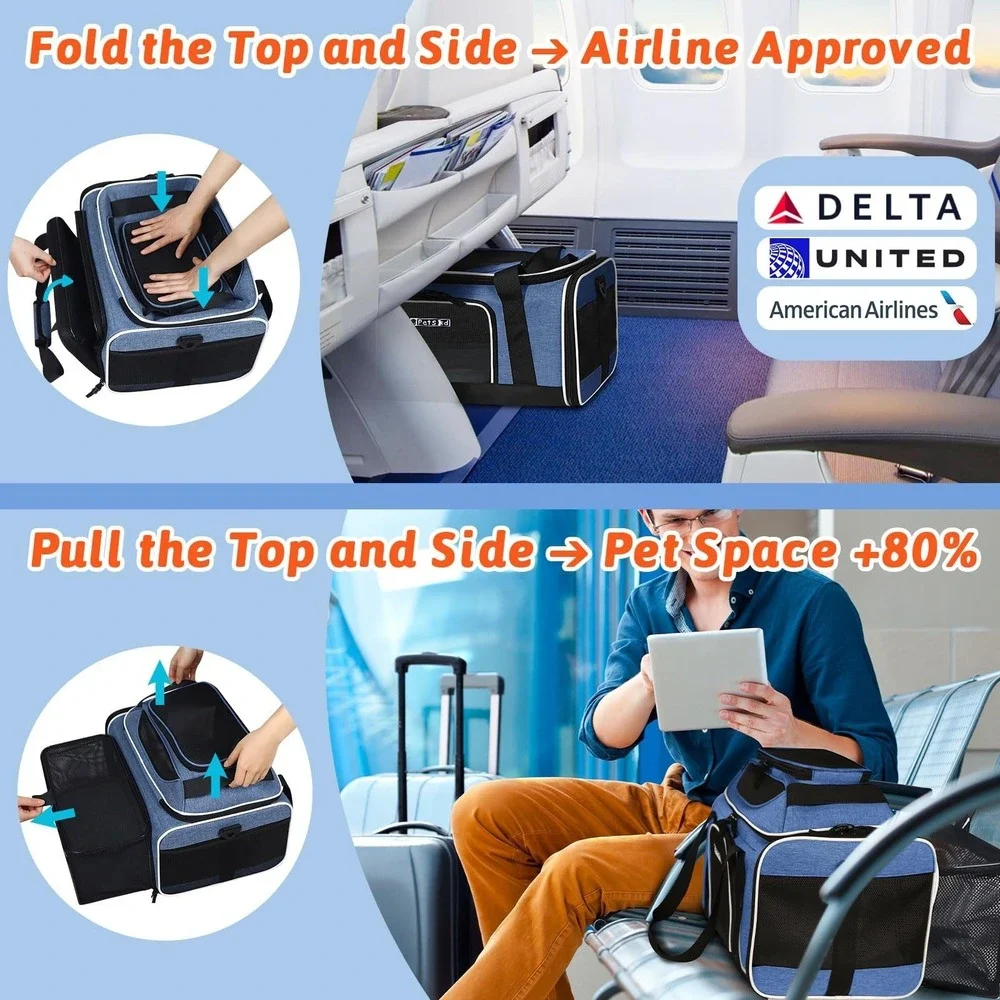 Petskd 18x11x11 Expandable Pet Carrier Airline Approved Small Cat Dog Blue Mesh
